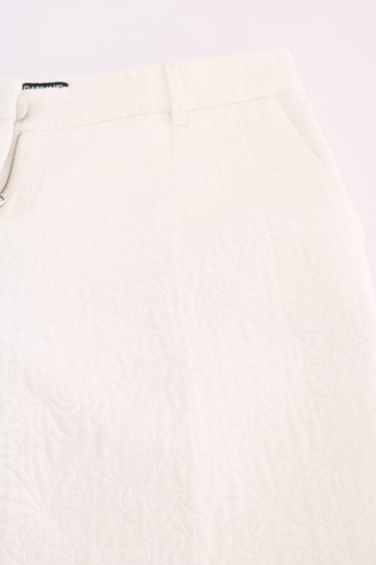White Floral Brocade Cropped Pants