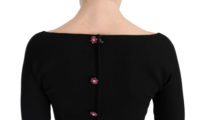 Black Wool Stretch Crystal Sheath Dress