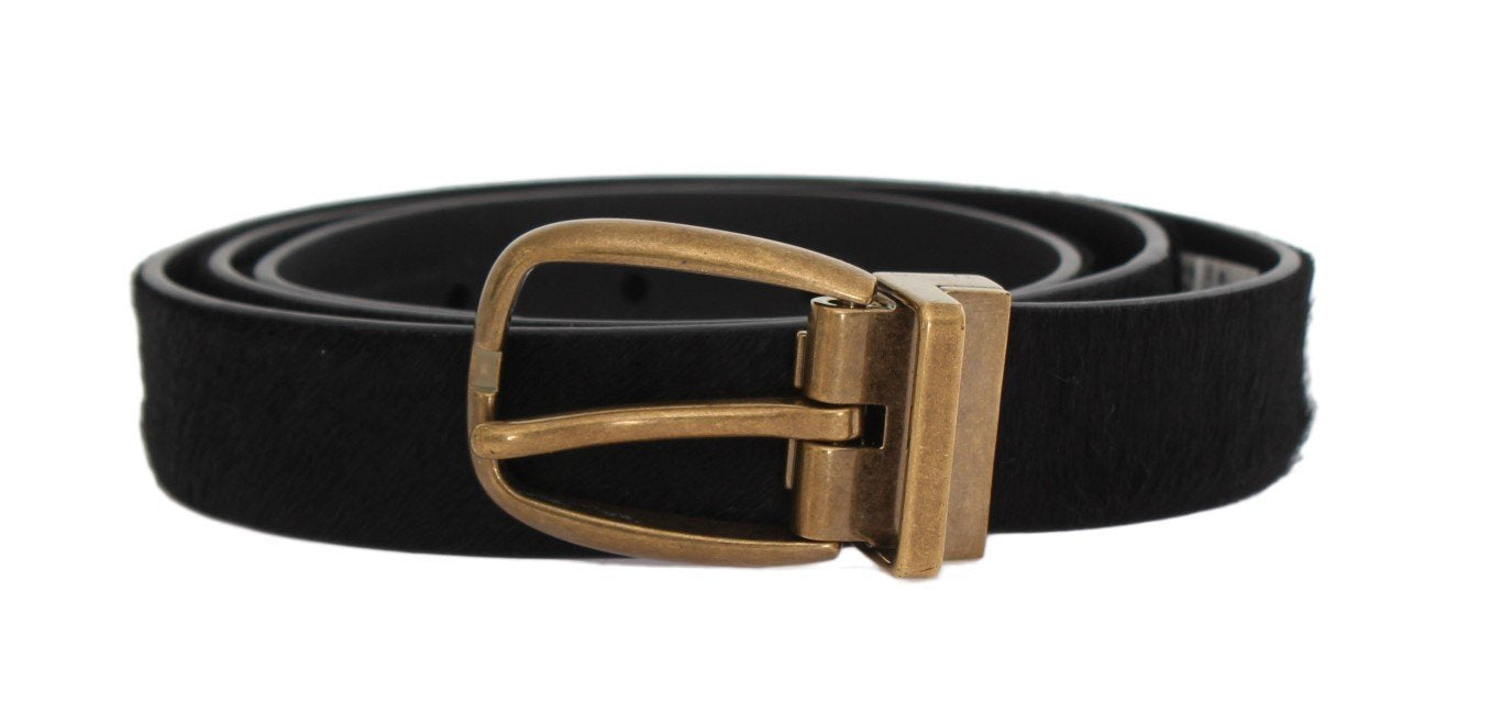 Black Leather Pony Hair Gold Buckle