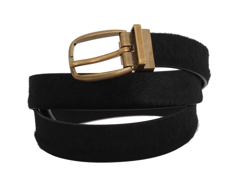 Black Leather Pony Hair Gold Buckle