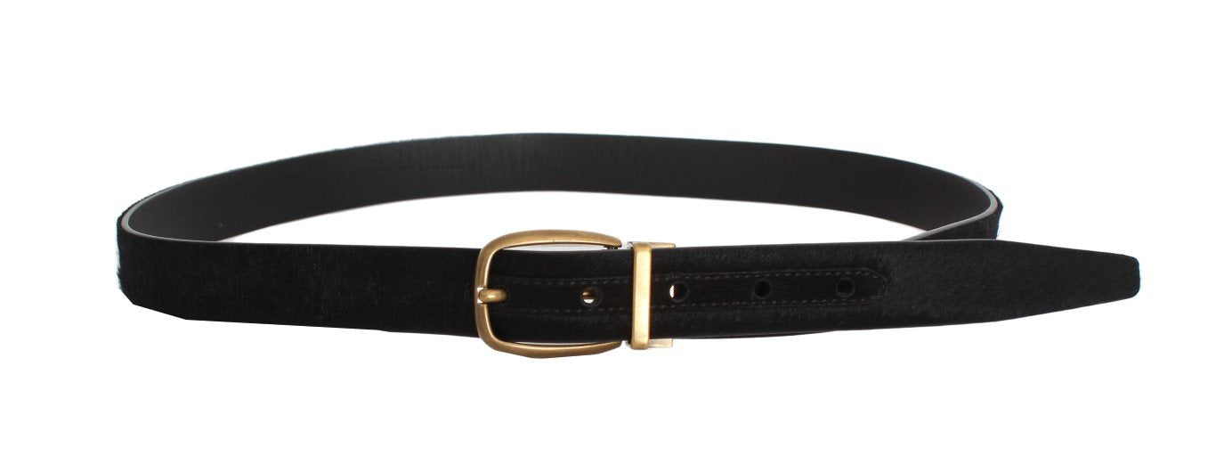 Black Leather Pony Hair Gold Buckle