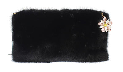 Black Crystal MINK Fur Leather Clutch Bag