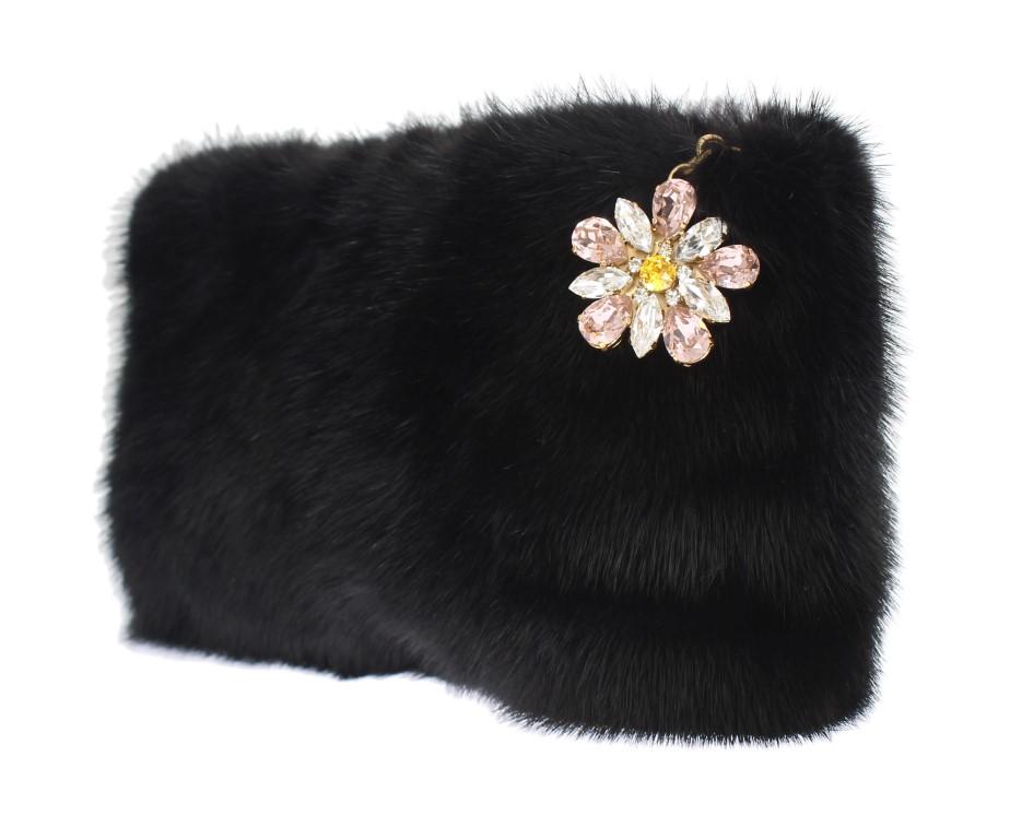 Black Crystal MINK Fur Leather Clutch Bag