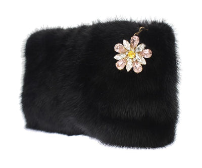 Black Crystal MINK Fur Leather Clutch Bag
