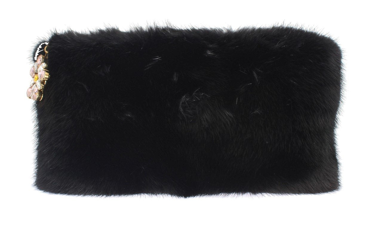Black Crystal MINK Fur Leather Clutch Bag
