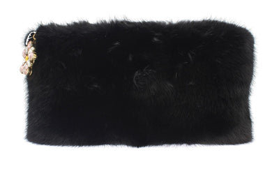 Black Crystal MINK Fur Leather Clutch Bag