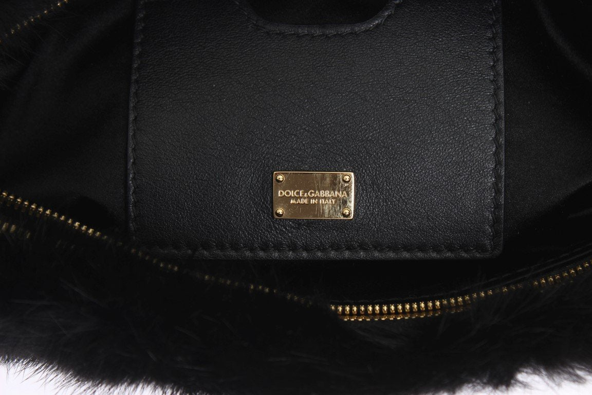 Black Crystal MINK Fur Leather Clutch Bag