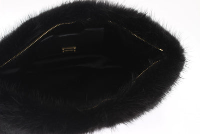 Black Crystal MINK Fur Leather Clutch Bag