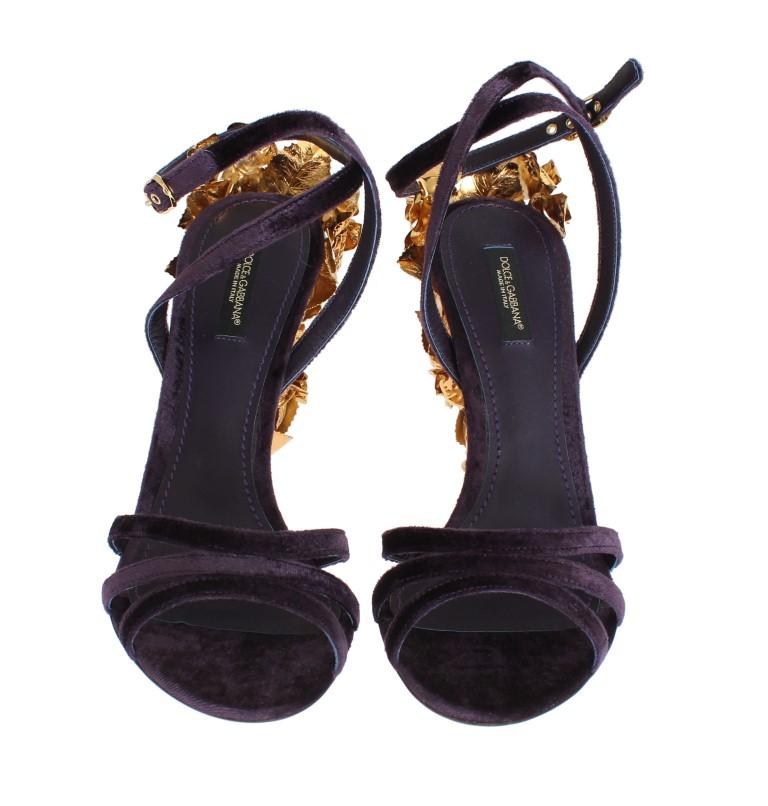 Purple Velvet Gold Leaf Sandal Shoes