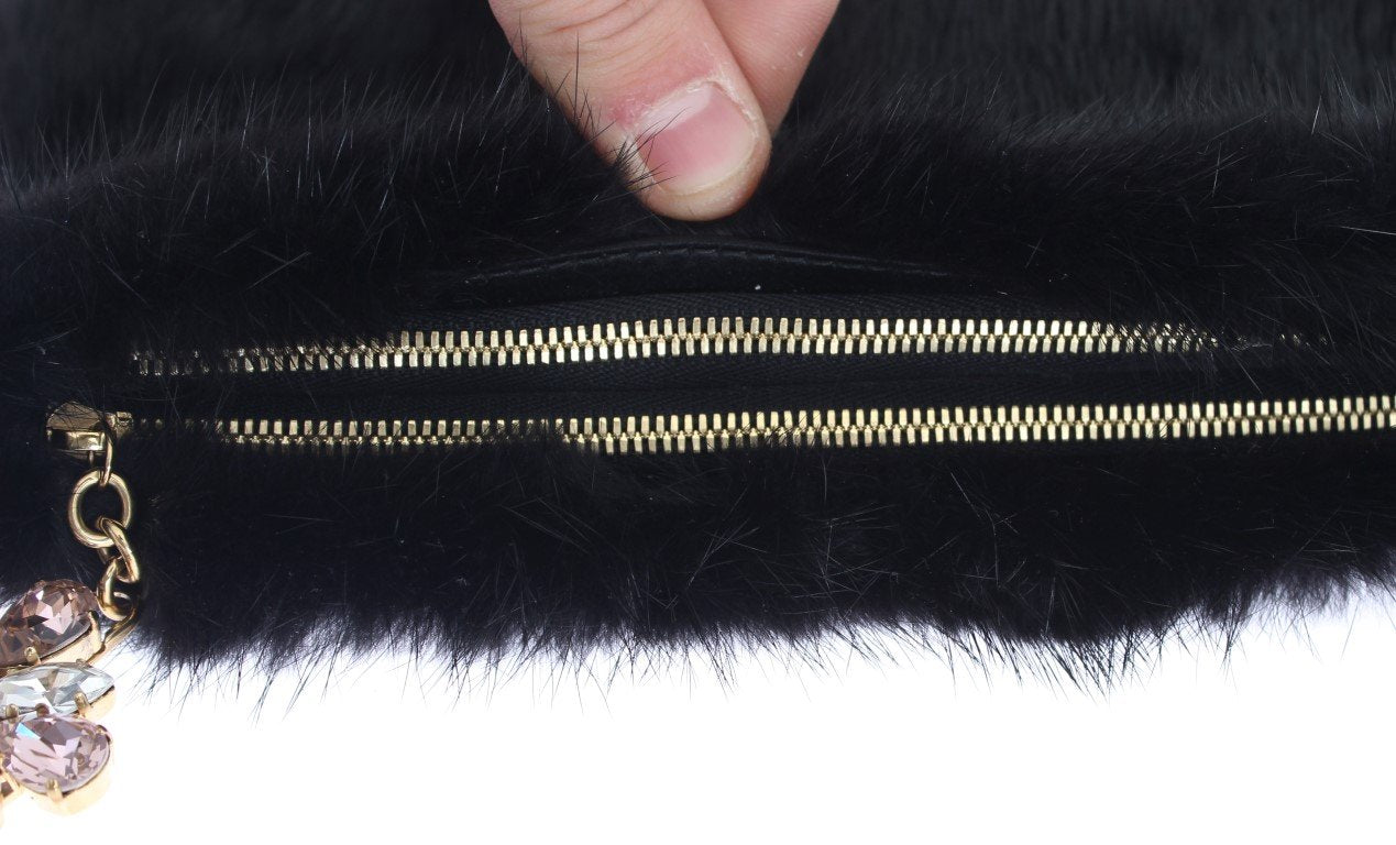 Black Crystal MINK Fur Leather Clutch Bag