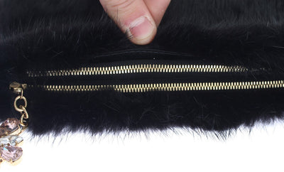 Black Crystal MINK Fur Leather Clutch Bag
