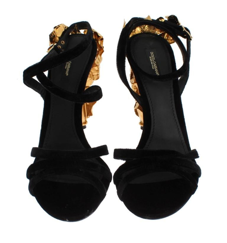 Black Velvet Gold Leaf Sandal Shoes