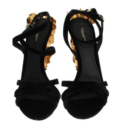 Black Velvet Gold Leaf Sandal Shoes