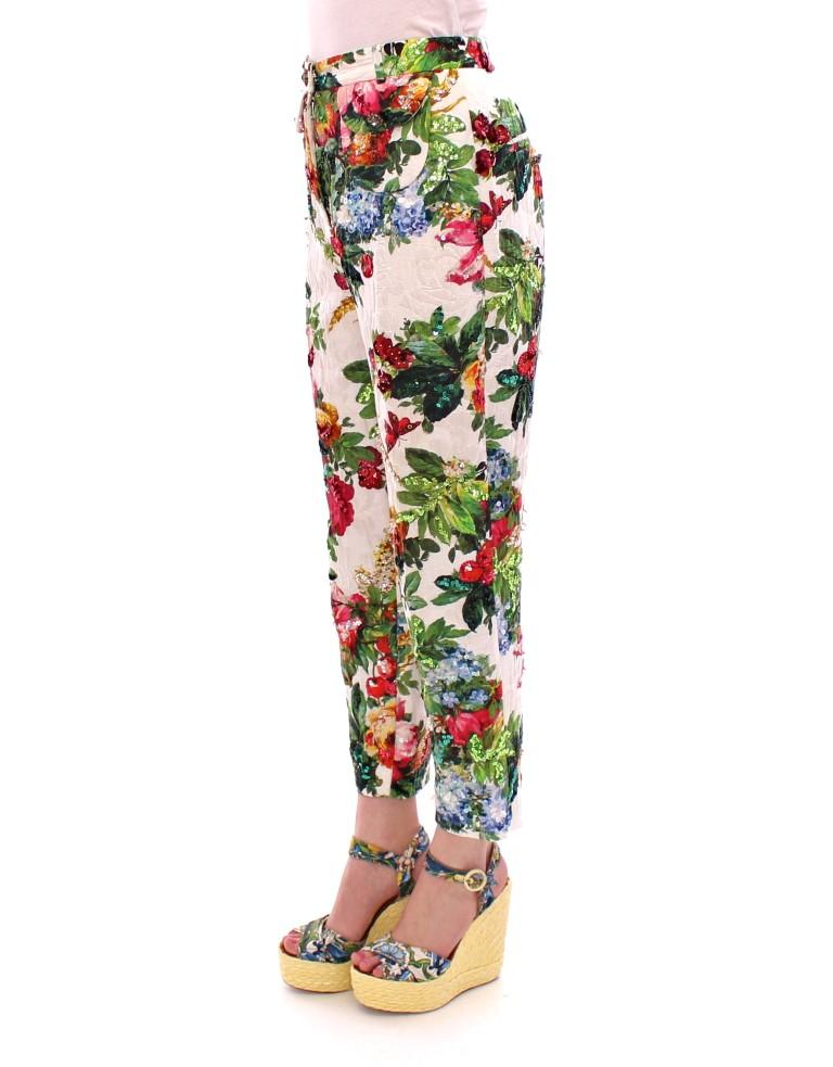 Multicolor Floral Crystal Sequined Cropped Pants