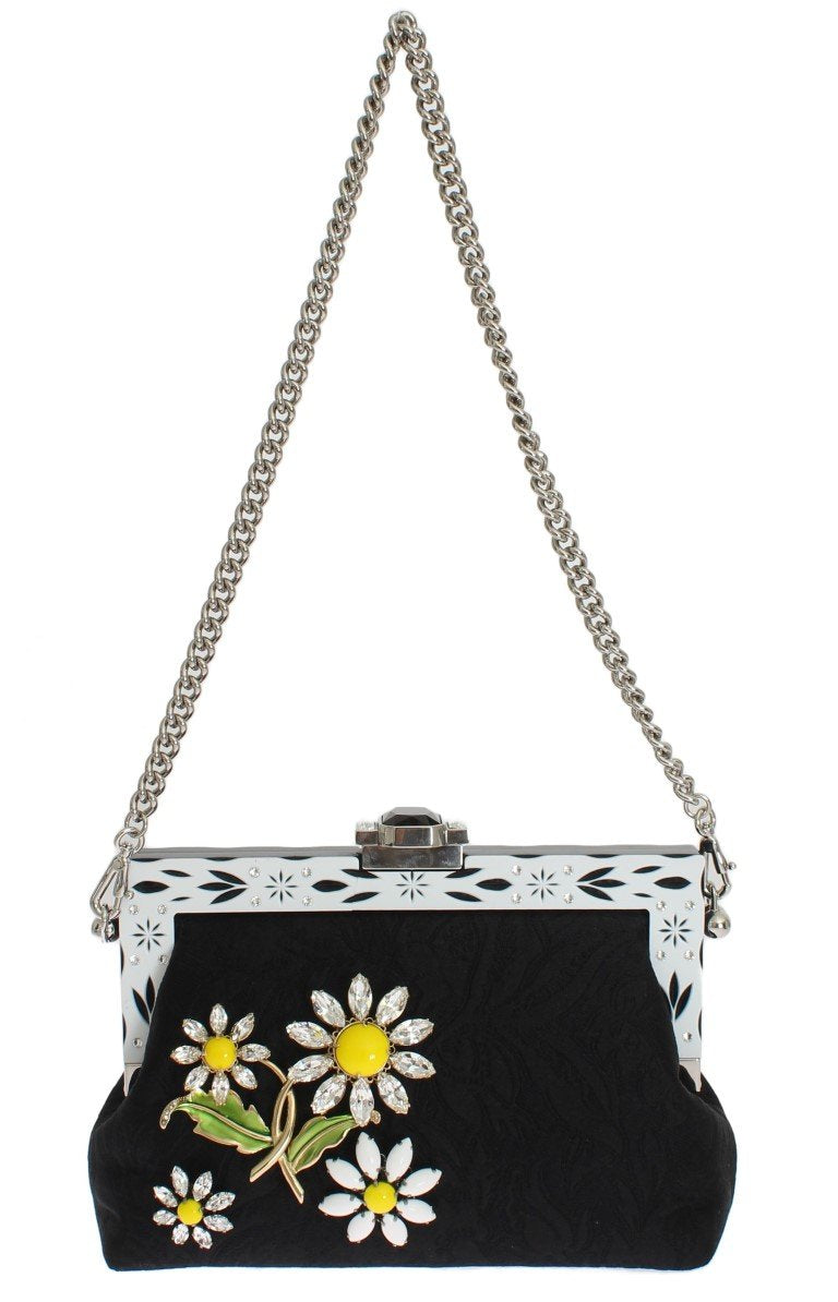 Black Brocade VANDA Floral Crystal Clutch