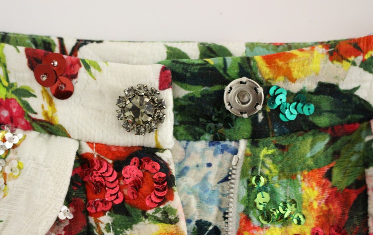 Multicolor Floral Crystal Sequined Cropped Pants