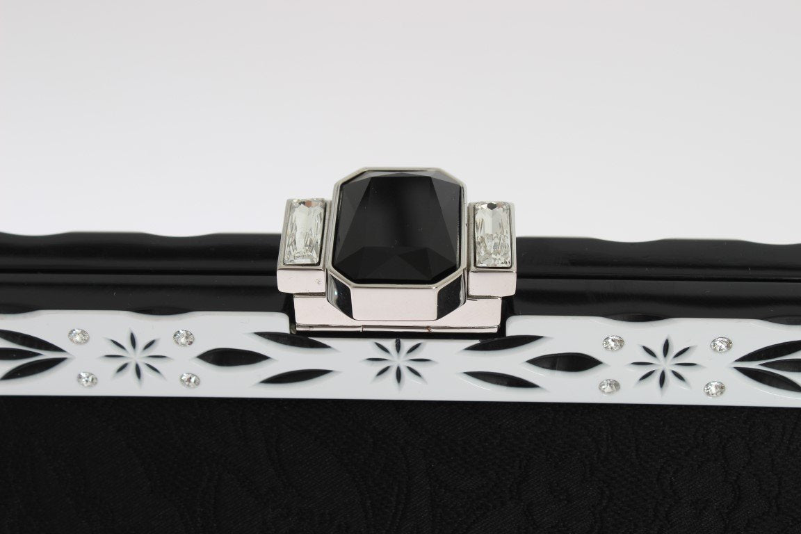 Black Brocade VANDA Floral Crystal Clutch