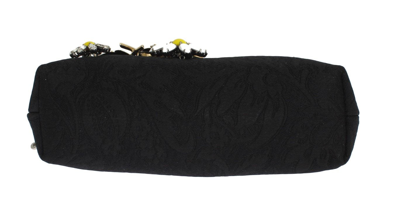 Black Brocade VANDA Floral Crystal Clutch