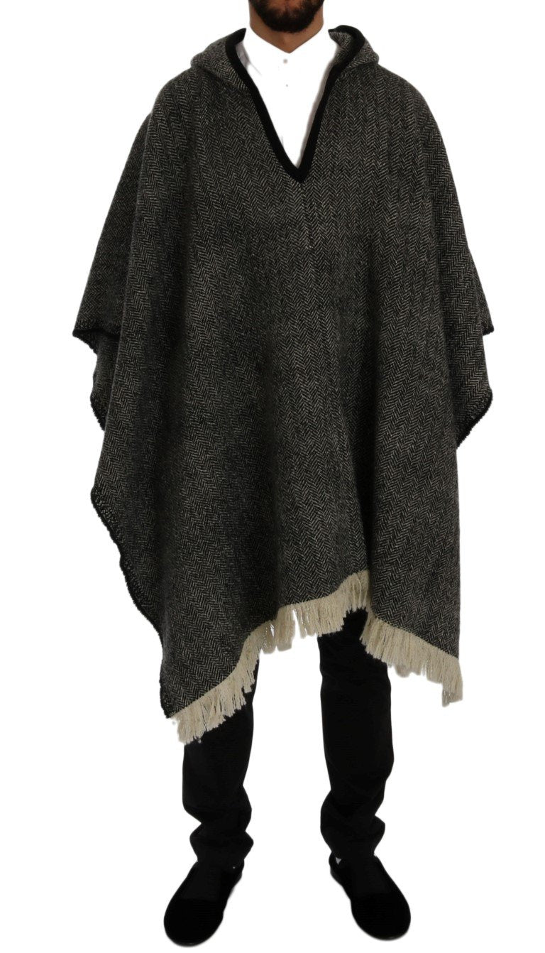 Gray Wool Tweed Fringes Hooded Poncho