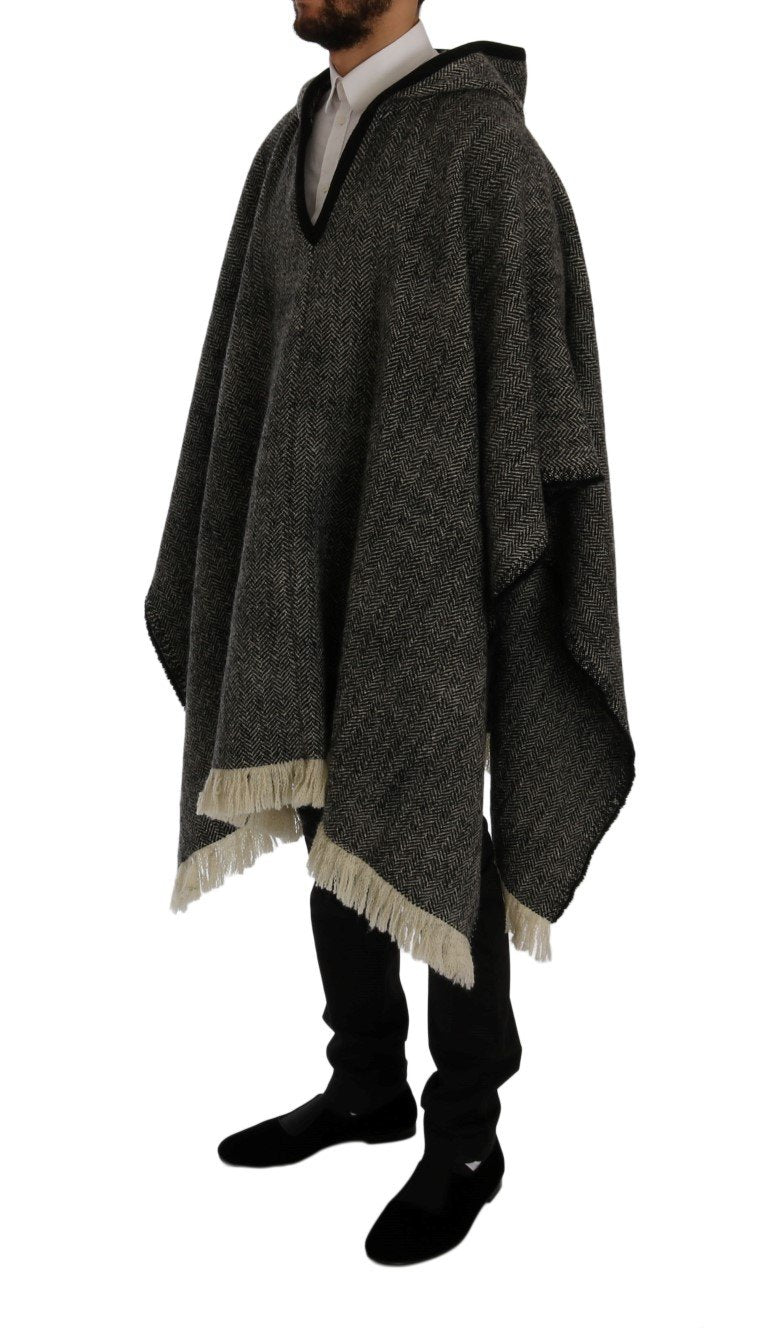 Gray Wool Tweed Fringes Hooded Poncho