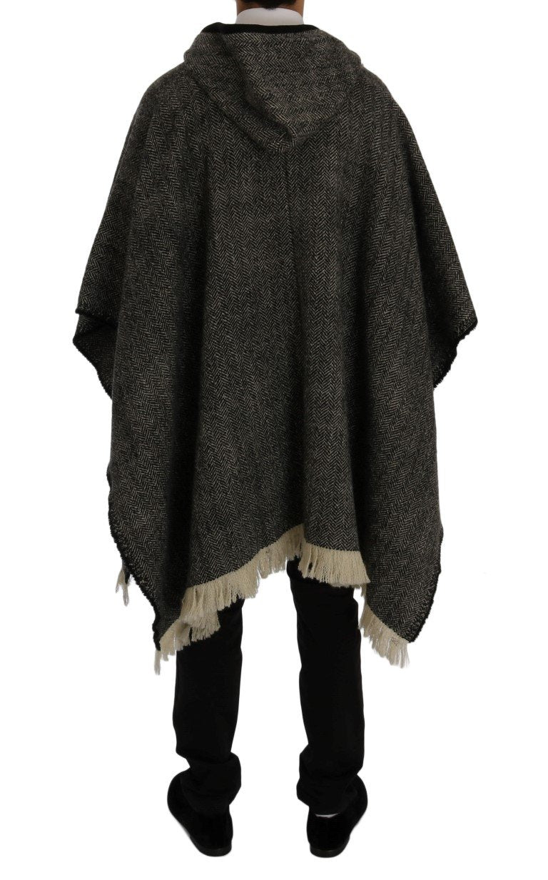 Gray Wool Tweed Fringes Hooded Poncho