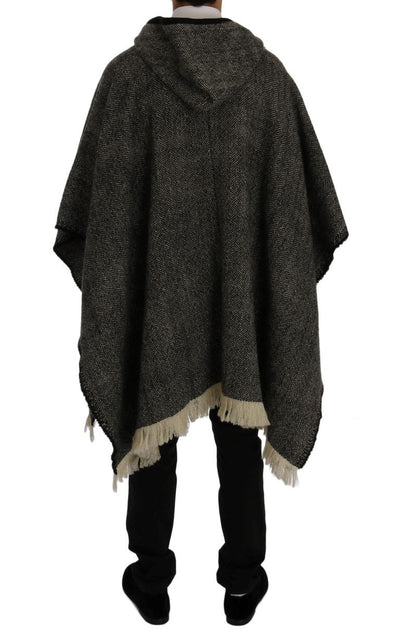 Gray Wool Tweed Fringes Hooded Poncho