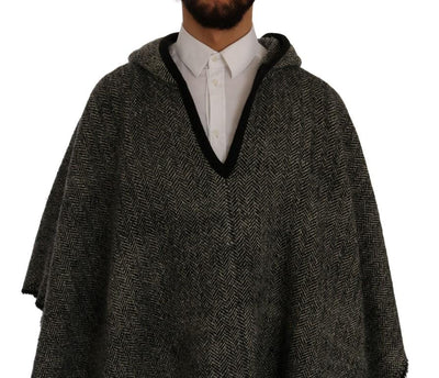 Gray Wool Tweed Fringes Hooded Poncho