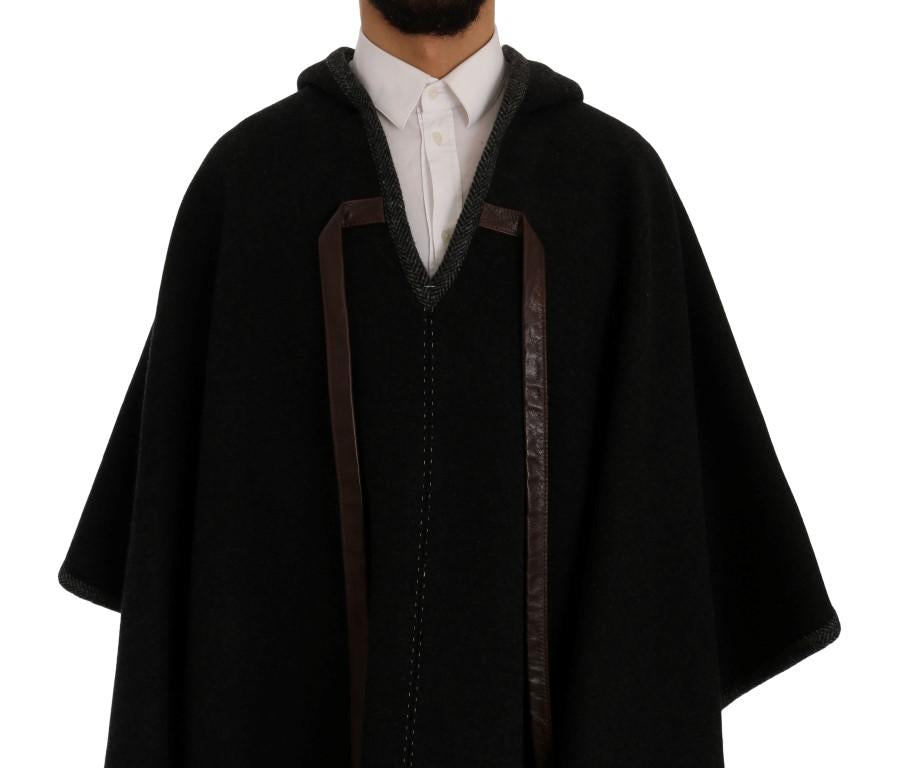 Gray Wool Cashmere Leather Hooded Poncho