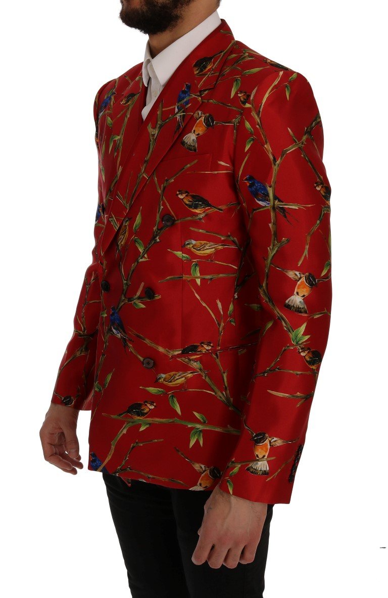 Red Bird Print Silk Slim Fit Blazer Jacket