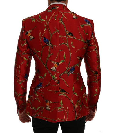Red Bird Print Silk Slim Fit Blazer Jacket