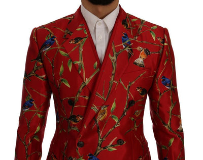 Red Bird Print Silk Slim Fit Blazer Jacket
