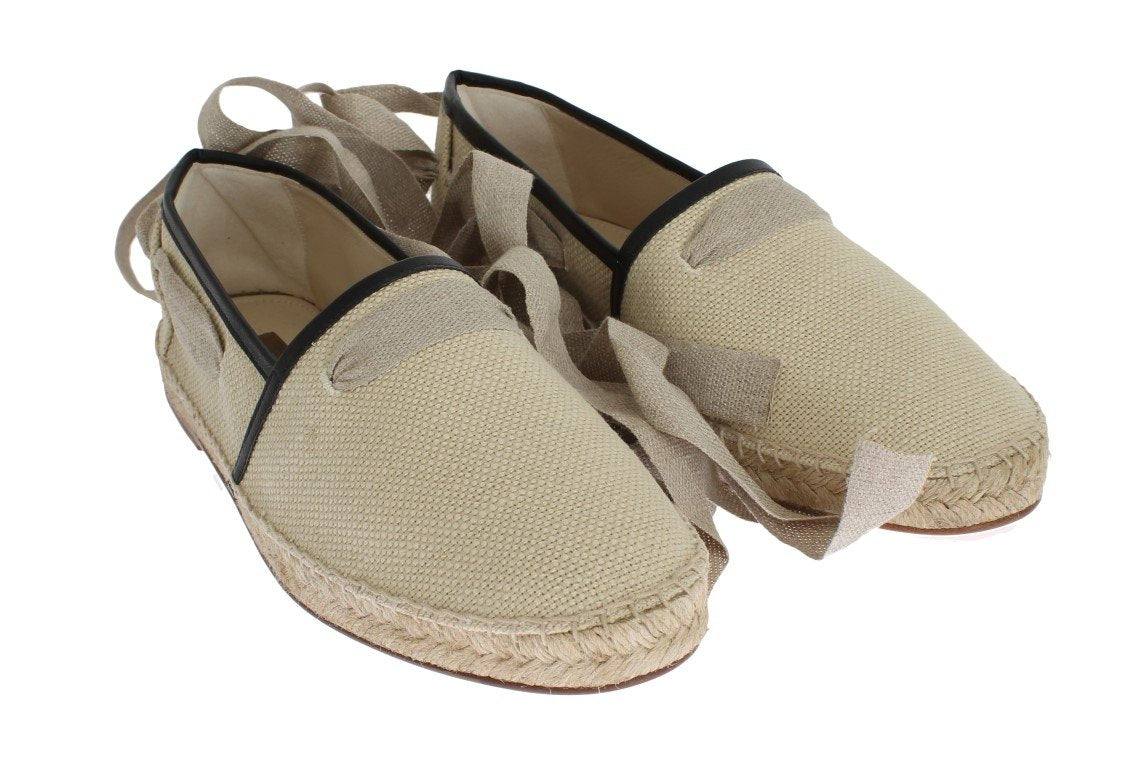 Beige Leather Canvas Strap Loafers