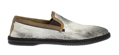 White Cotton Beige Leather Loafers