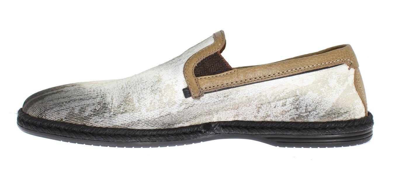 White Cotton Beige Leather Loafers