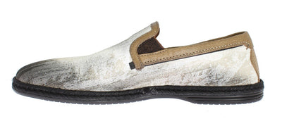White Cotton Beige Leather Loafers