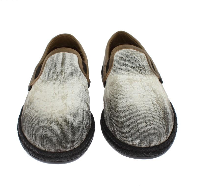 White Cotton Beige Leather Loafers