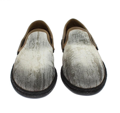White Cotton Beige Leather Loafers