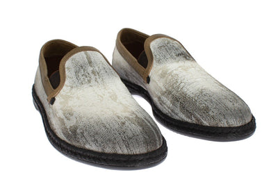 White Cotton Beige Leather Loafers