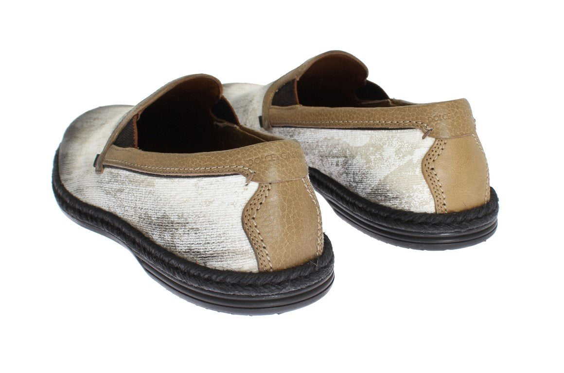 White Cotton Beige Leather Loafers