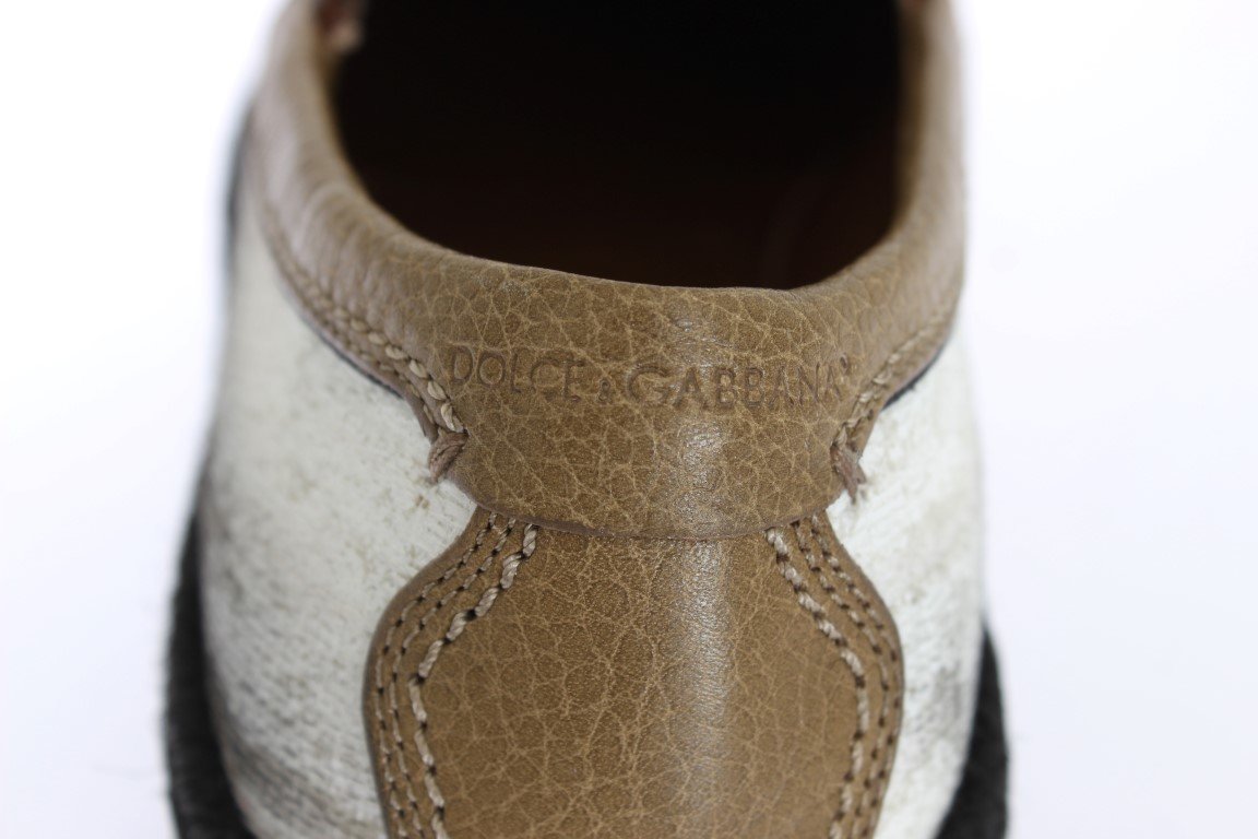 White Cotton Beige Leather Loafers