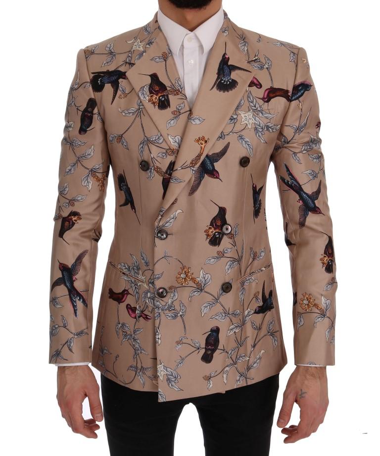 Beige Bird Print Silk Slim Blazer Jacket