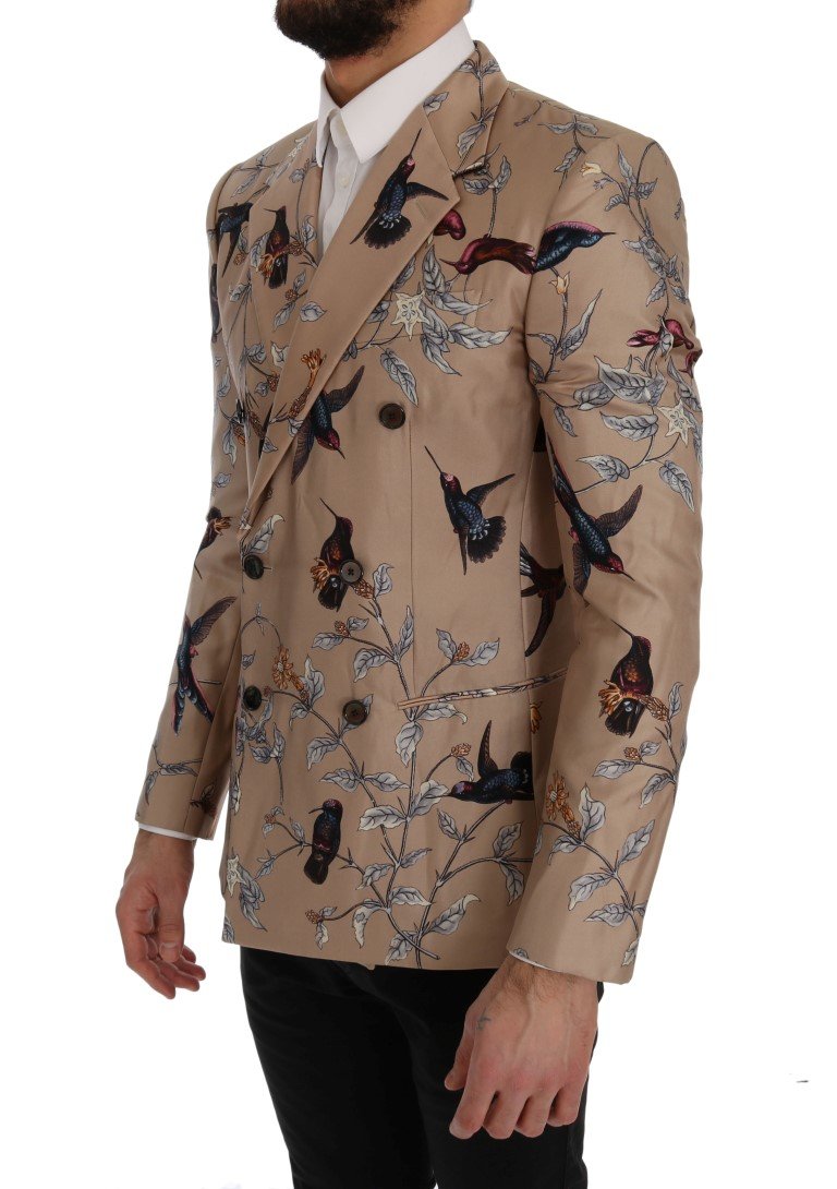 Beige Bird Print Silk Slim Blazer Jacket
