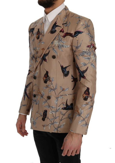 Beige Bird Print Silk Slim Blazer Jacket