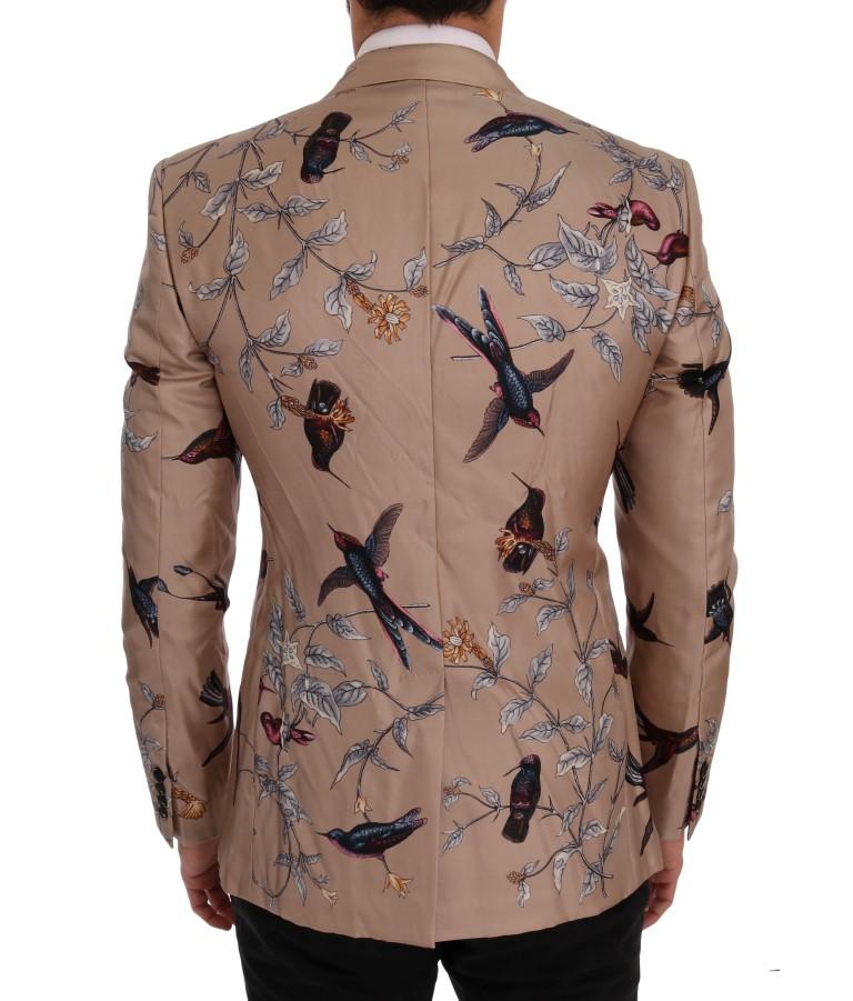 Beige Bird Print Silk Slim Blazer Jacket