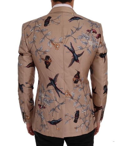 Beige Bird Print Silk Slim Blazer Jacket