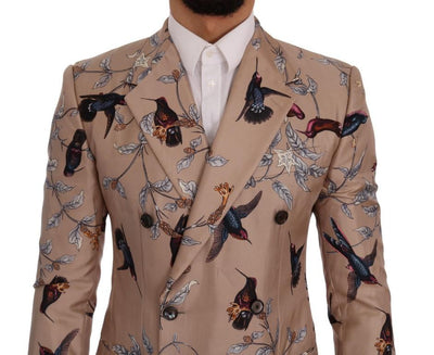 Beige Bird Print Silk Slim Blazer Jacket