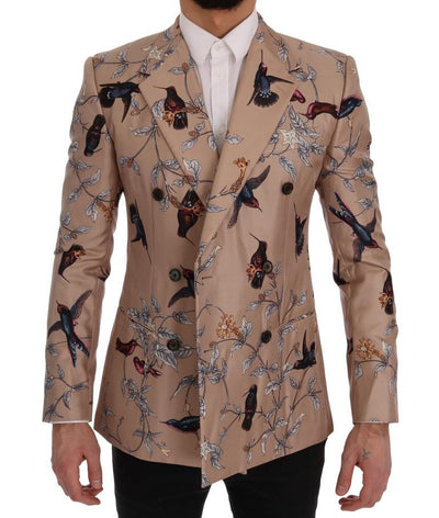 Beige Bird Print Silk Slim Blazer Jacket