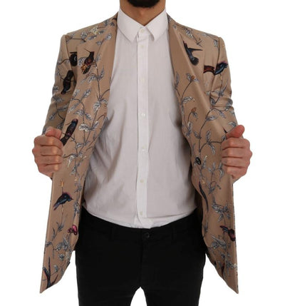 Beige Bird Print Silk Slim Blazer Jacket