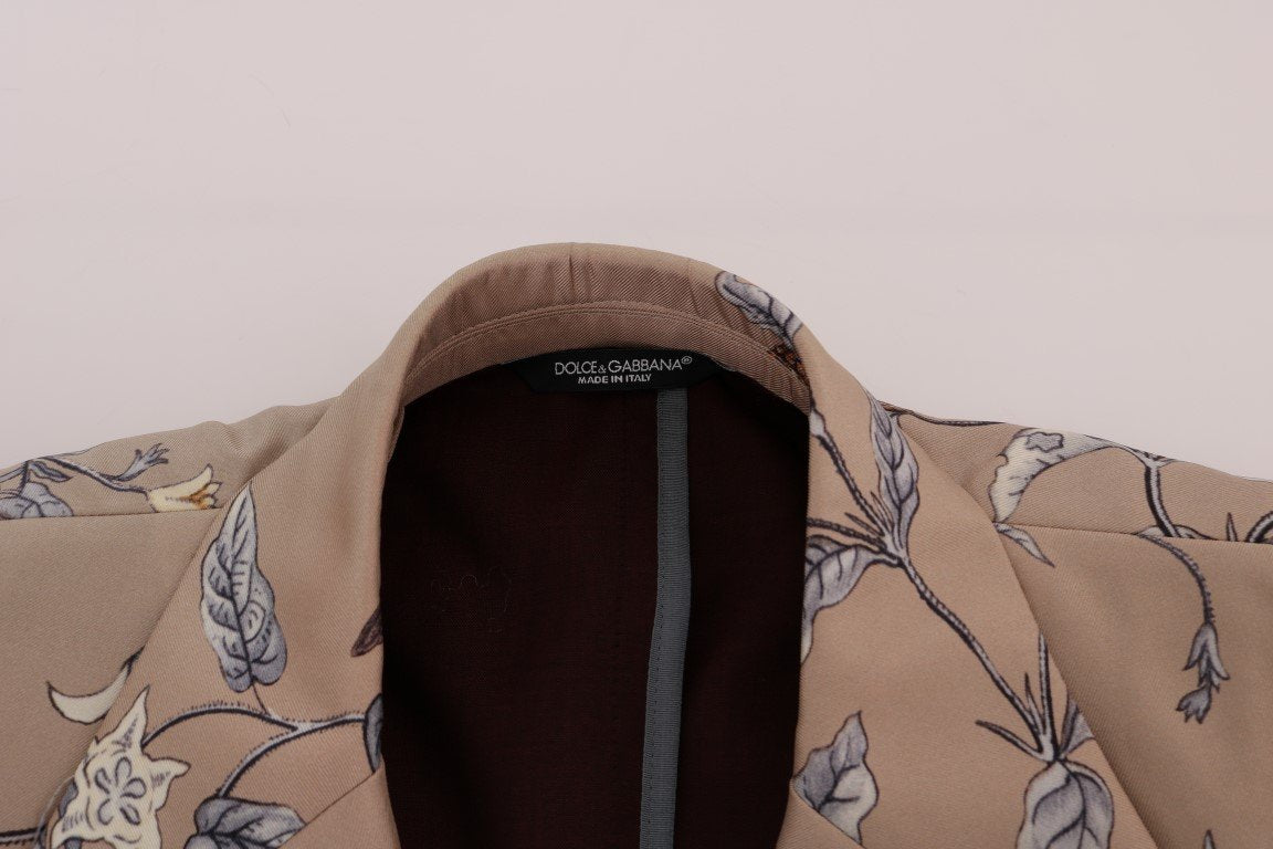 Beige Bird Print Silk Slim Blazer Jacket