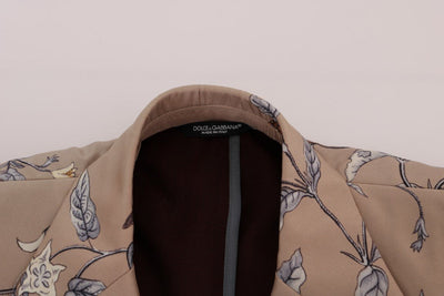 Beige Bird Print Silk Slim Blazer Jacket